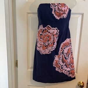 Lilly Pulitzer Navy Blue Strapless Dress with Pink Embroidered Flowers, size 6